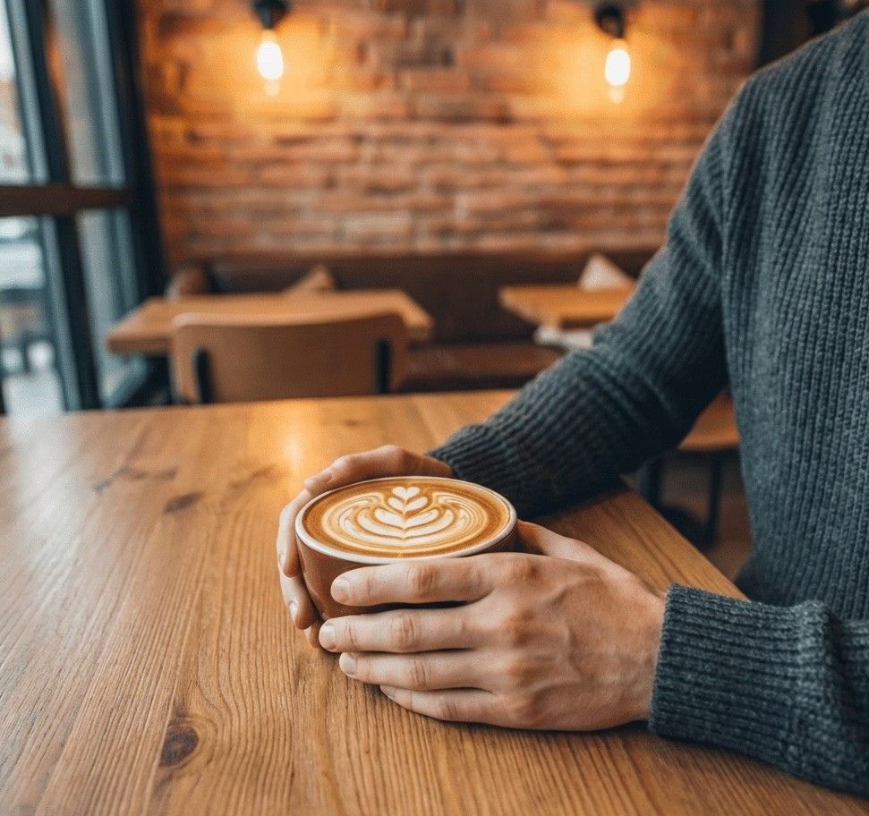 Męskie dłonie w swetrze obejmujące filiżankę kawy z latte art na drewnianym stole w przytulnej kawiarni. Symbol budowania małych rytuałów i odzyskiwania spokoju na emigracji.