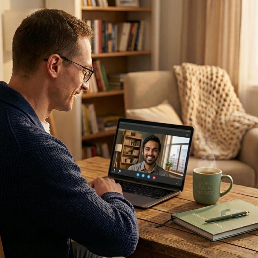 Daniel Kuk podczas sesji wsparcia online w ciepłej, domowej atmosferze. Na drewnianym stole leży dziennik i szałwiowy kubek "Jeden Dzień Na Raz" – narzędzia pracy nad trzeźwością i spokojem.