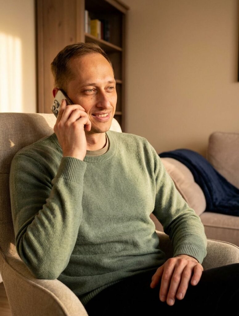 Daniel Kuk podczas rozmowy wspierającej, siedzący w wygodnym fotelu w ciepłym, domowym świetle. Uśmiechnięty, w szałwiowym swetrze, słucha uważnie rozmówcy przez telefon – symbol dostępności, empatii i bezpiecznej relacji rówieśniczej.