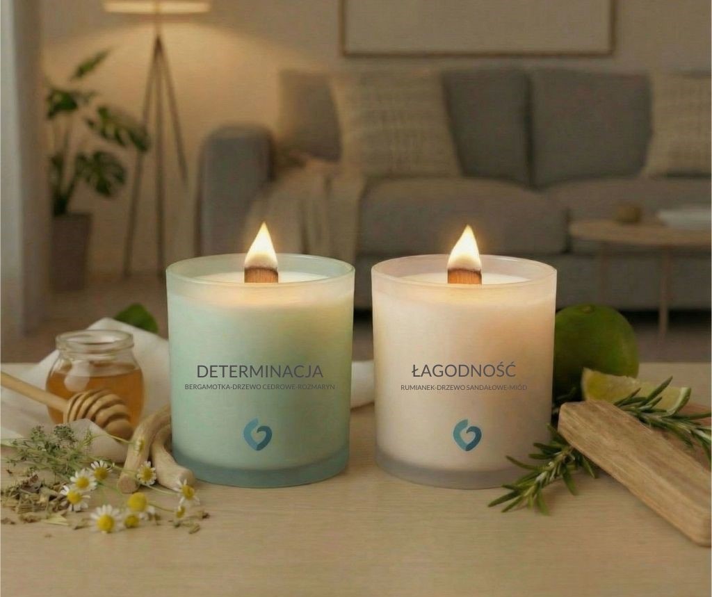 Aranżacja przytulnego salonu z zapalonymi świecami 'Łagodność' i 'Determinacja' na pierwszym planie. Ciepłe światło płomieni i miękkie tło z kanapą tworzą atmosferę relaksu i bezpieczeństwa. Wizualizacja wieczornego rytuału uziemienia i odzyskiwania spokoju w domowym zaciszu.