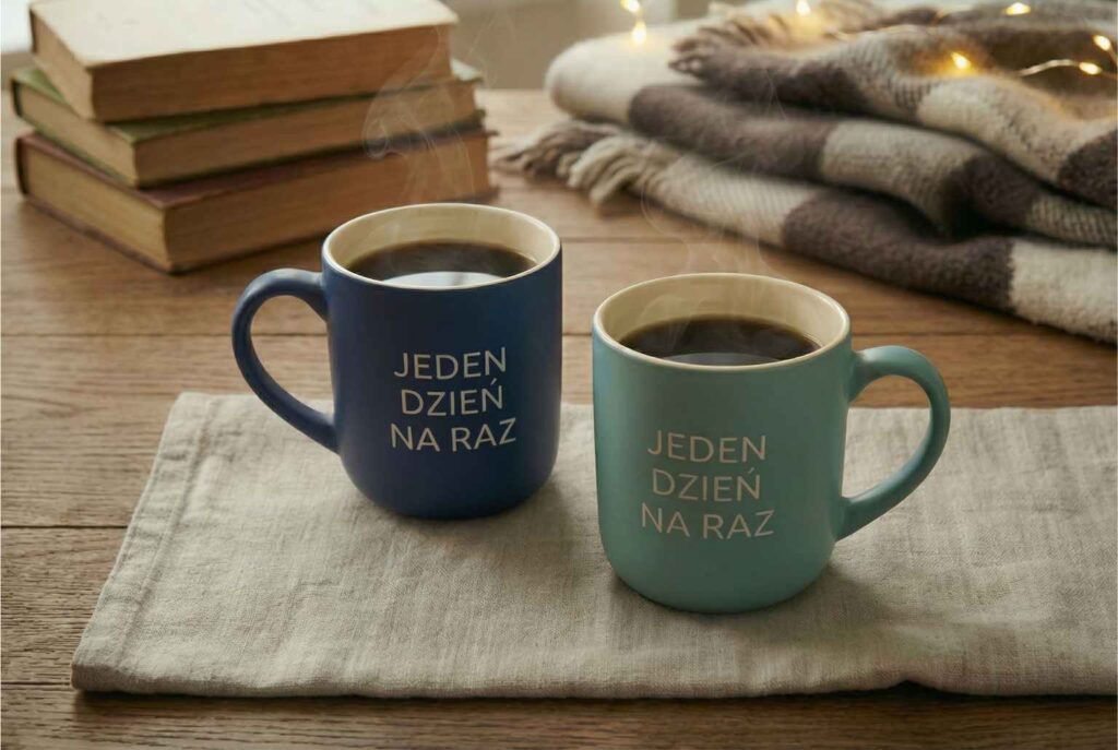 Ceramiczne kubki z napisem "Jeden Dzień Na Raz" – codzienne przypomnienie o filozofii małych kroków w drodze do trzeźwości.