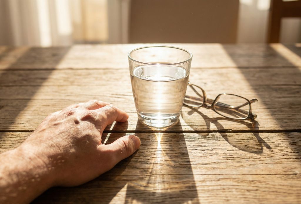 Widok z perspektywy pierwszej osoby: męska dłoń spoczywa spokojnie na drewnianym stole w promieniach porannego słońca. Obok stoi szklanka czystej wody i leżą okulary korekcyjne. Symbol nowego początku i jasności umysłu.