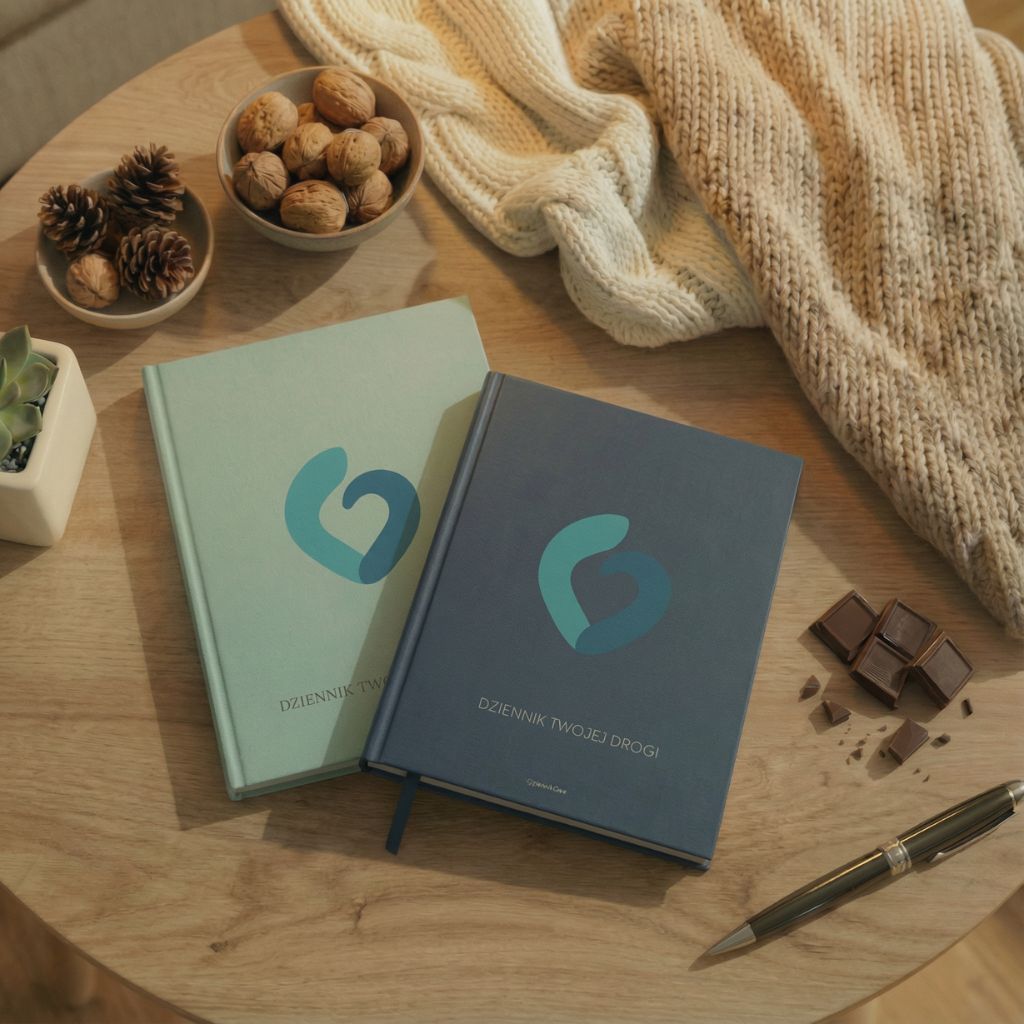 Dwa egzemplarze Dziennika Twojej Drogi (w kolorze szałwiowym i granatowym) leżące na drewnianym stole obok pióra, orzechów i ciepłego koca. Fizyczne narzędzia (kotwice) wspierające budowanie mapy nowego życia i proces peer supportu w Optimism Care.