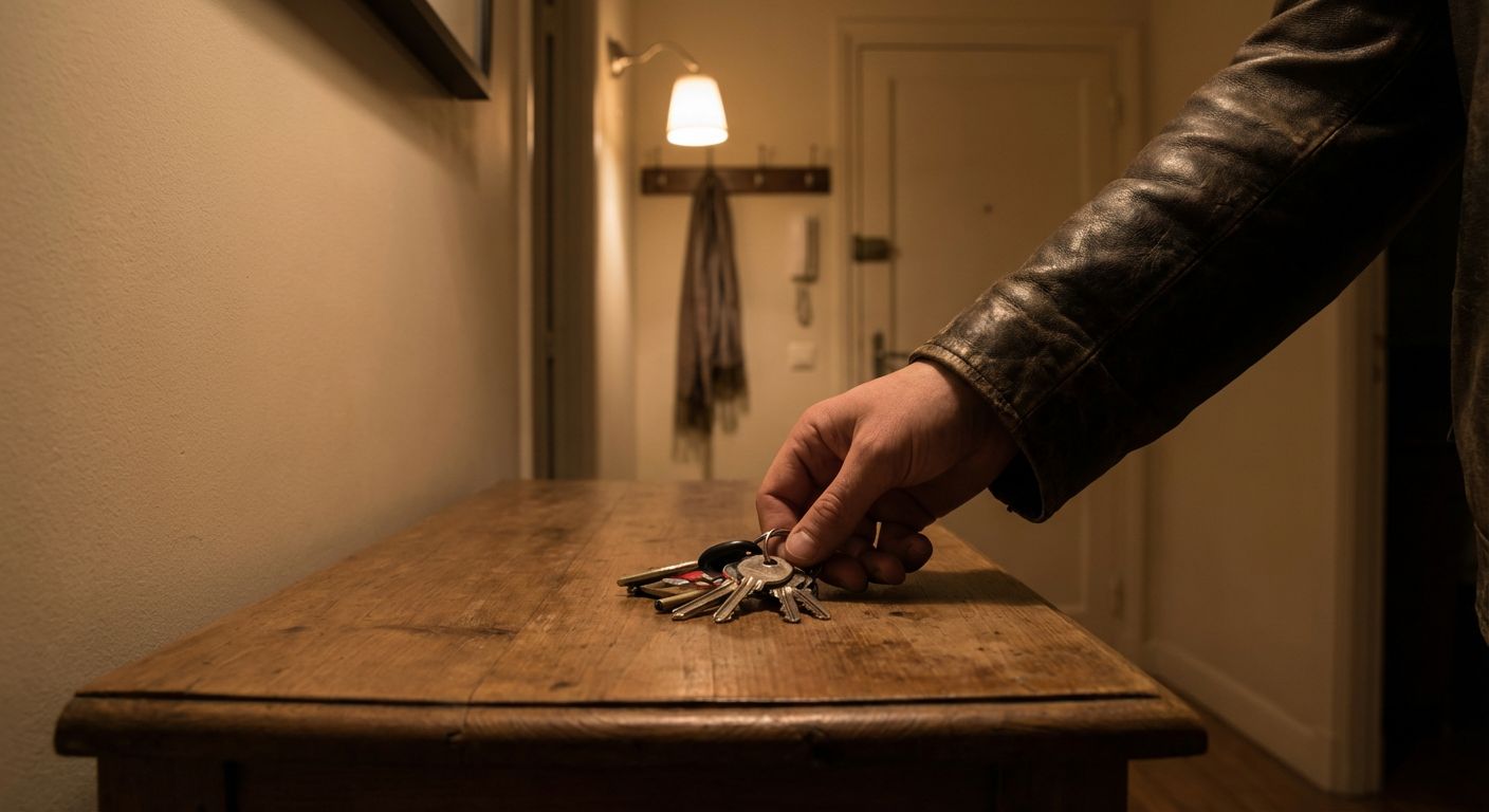 Perspektywa POV: Męska dłoń kładąca pęk kluczy na drewnianym stole. Symbol powrotu do domu, stałości i odzyskanego bezpieczeństwa w Polsce.