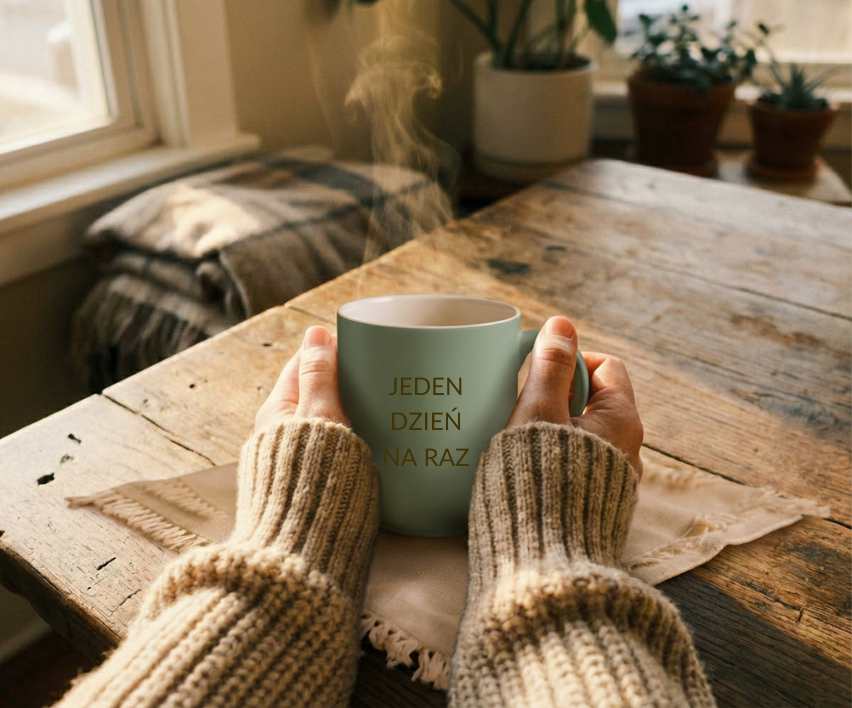 Widok z perspektywy pierwszej osoby: dłonie w ciepłym swetrze trzymające kubek z napisem Jeden Dzień Na Raz. Symbol odzyskanego spokoju, równowagi i dbania o siebie w relacji z osobą uzależnioną.