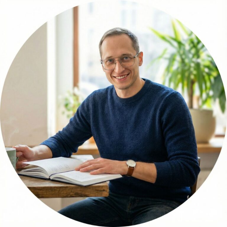 Daniel Kuk, twórca Optimism Care. Uśmiechnięty mężczyzna przy stole z otwartym dziennikiem i kubkiem, symbolizujący wsparcie rówieśnicze w drodze do trzeźwości.